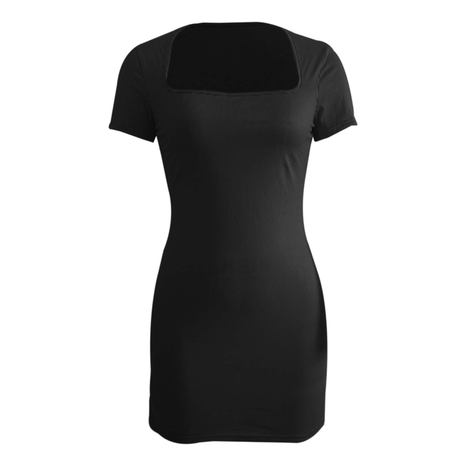 thumbnail image 4 of Vestido de mujer de color liso con cuello cuadrado y manga corta - Corte recto ajustado, estilo retro sexy para fiestas informales - Tallas S-XL, 4 of 5